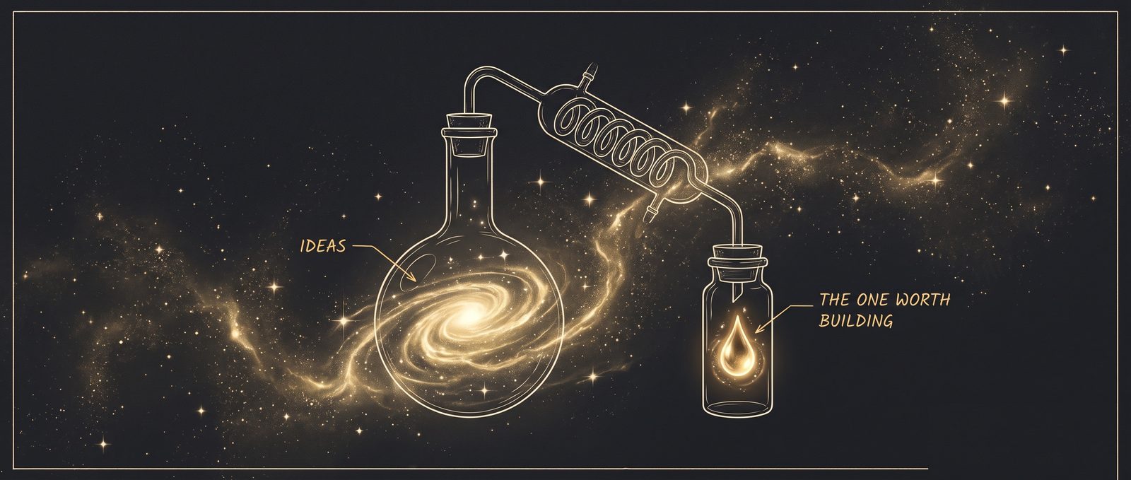 A gold-line engineering schematic of a distillation still on dark graphite, its flask a swirling galaxy of ideas that bleeds into the background, distilling down to a single gold drop labelled "the one worth building."